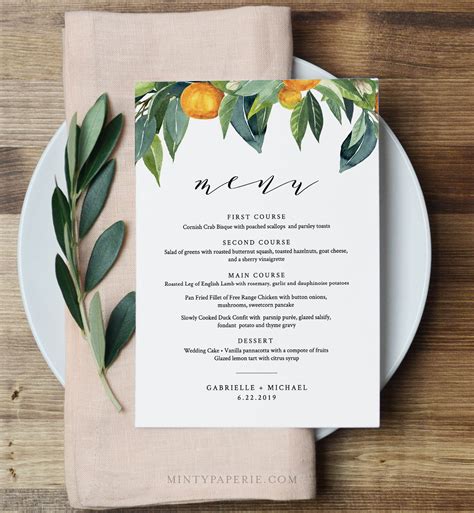 Citrus Menu Template, Wedding Menu Card, Orange Blossom, Lemon ...