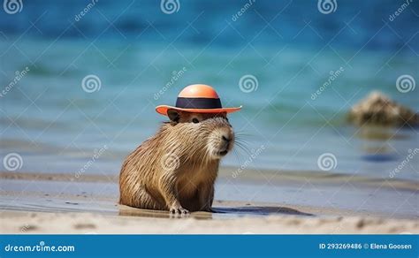 Cute Capybara in Orange Hat Resting on Shore of Sea or River Animals ...