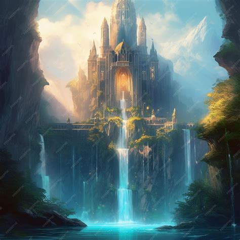 Premium AI Image | a painting of a castle with a waterfall in the ...