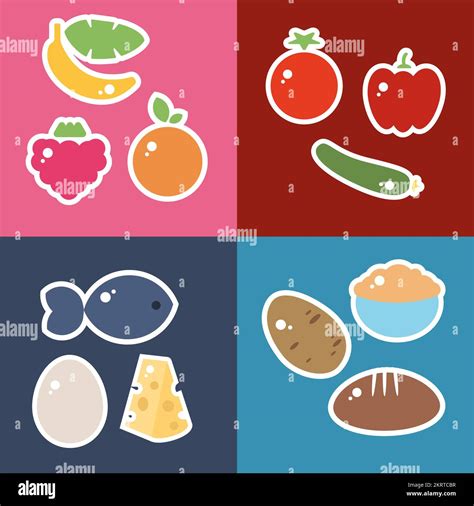 Fruit and vegetable stickers of healthy nutrition with bread, oat ...