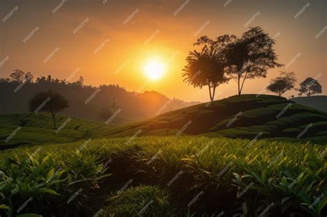 Premium Photo | Tea plantation with sunset and silhouette of palm trees ...