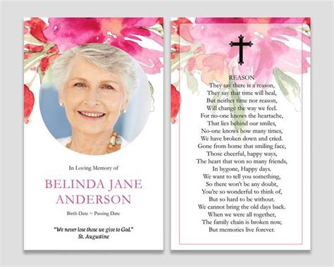 Pink Rose Funeral Prayer Card Template, Printable Memorial Prayer Card ...