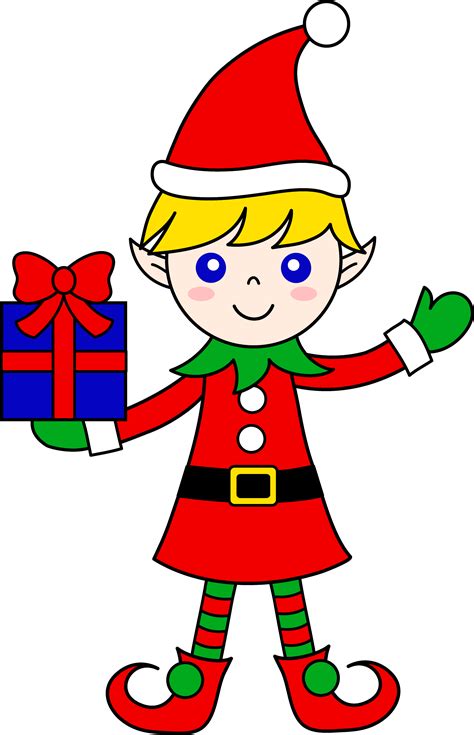 Cute Christmas Elf With Gift - Free Clip Art