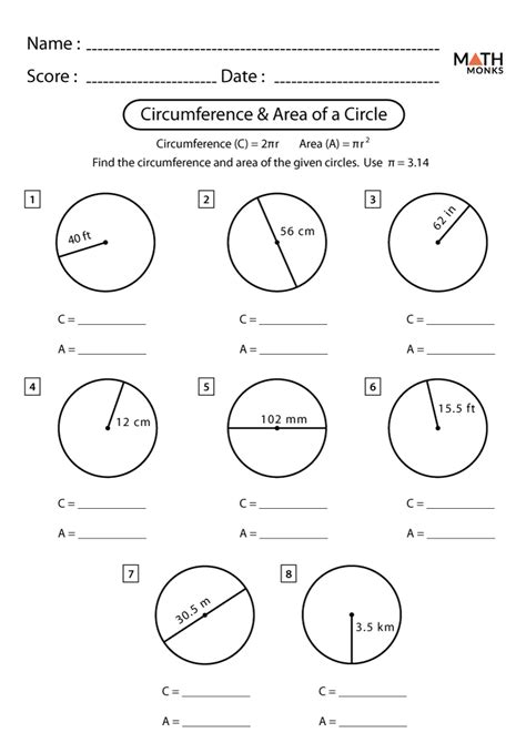 Circumference and Area of a Circle Worksheet - Math Monks