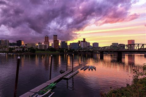 Sunset over Portland Oregon Downtown Waterfront Photograph by David Gn ...