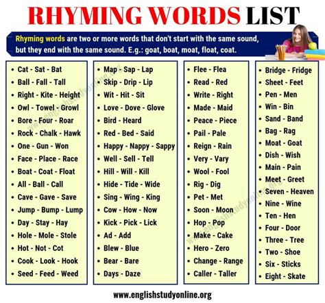 Words that Rhyme: Definition, List of Rhyming Words and Examples ...