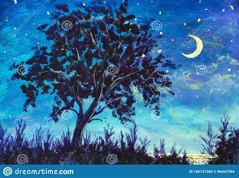 Oil Painting Night Landscape - Starry Night Sky with Moon and Lonely ...