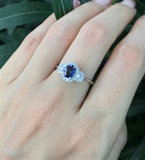 0.70ct Royal Blue Sapphire Deco Engagement Ring- Vintage Oval Sapphire ...