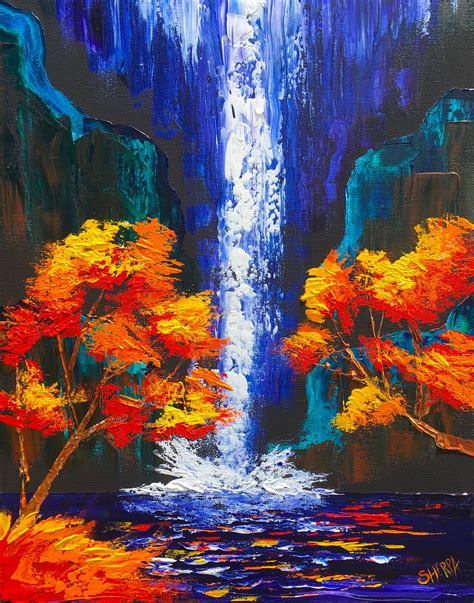 Easy Pallet Knife of a Waterfall landscape with Fall trees in acrylic ...