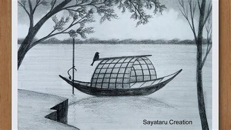 how to draw a scenery boat in river step by step with pencil - Pencil ...