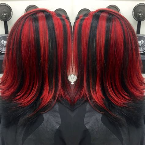 Red and black chunky highlights | Hair streaks, Hair color streaks, Red ...