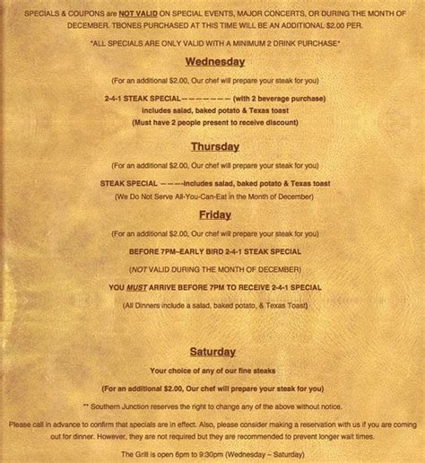 Menu at Southern Junction Live steakhouse, Royse City