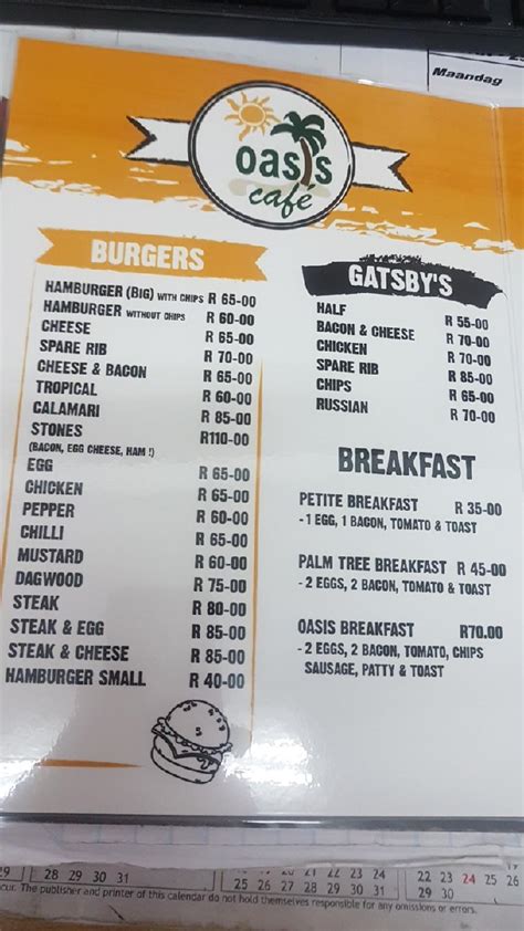 Menu at Oasis Cafe, Mossel Bay