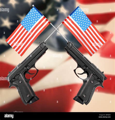 Firearms and American flag on background. Gun control concept Stock ...