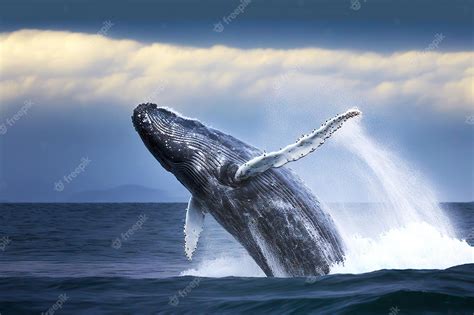 Premium Photo | Humpback whale jumping from water against backdrop of ...