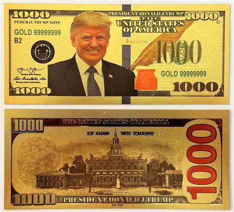 President Donald Trump.. 1000 Dollar Bill.. 24K Gold 3D Overlay... With ...