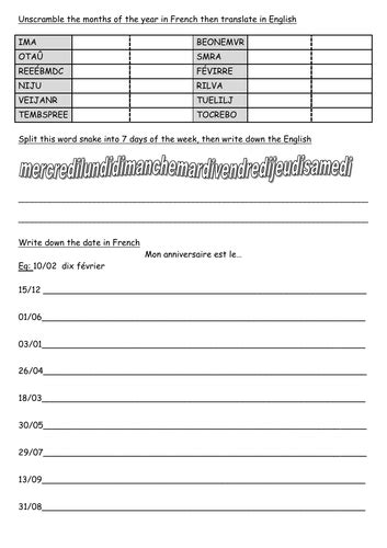 French days, months worksheet | Teaching Resources