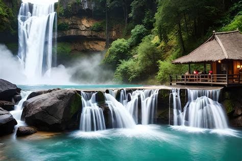 Premium AI Image | a waterfall in the forest with a hut on the left