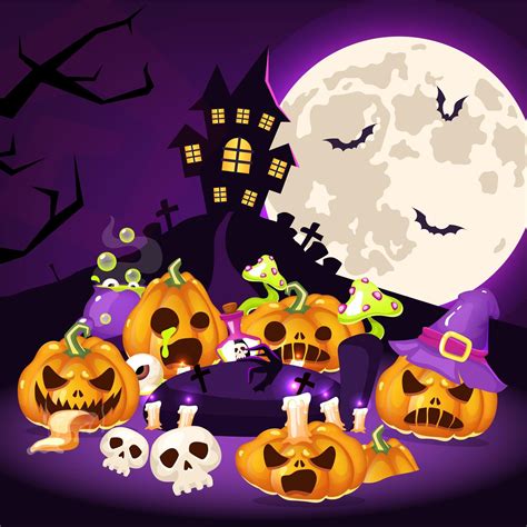 Halloween cartoon vector illustration. Creepy pumpkins, haunted house ...