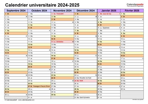 Calendrier universitaire 2024-2025 Excel, Word et PDF