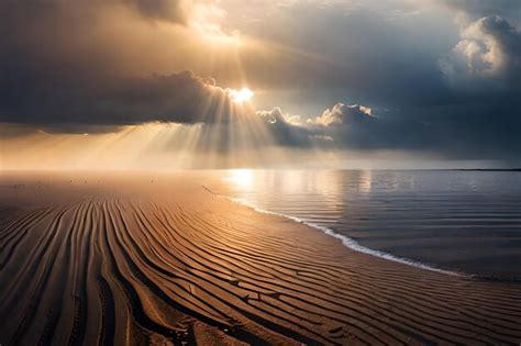 Premium AI Image | sun rays over a beach with a sunset in the background.