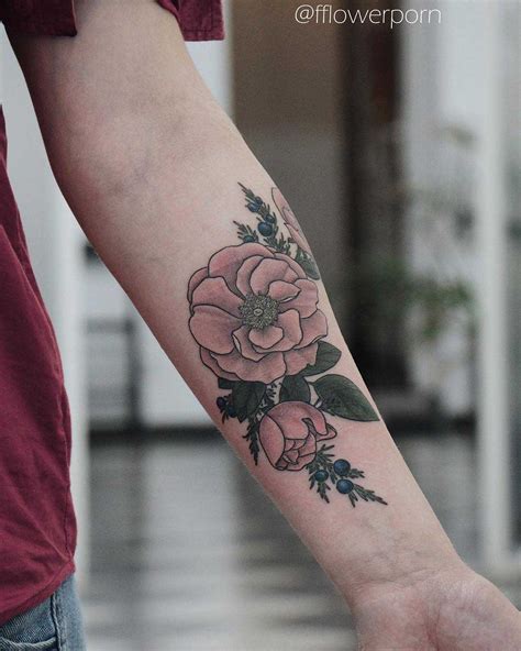 Wild roses and juniper tattoo - Tattoogrid.net