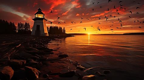 Premium AI Image | photo_ocean_sea_sunset_view_and_lighthouse