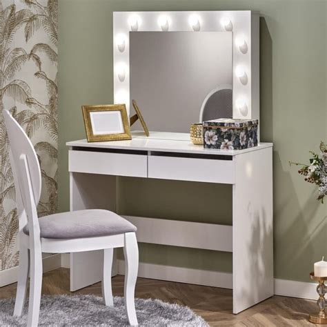 Coiffeuse moderne blanche avec miroir, tiroirs et led Stars