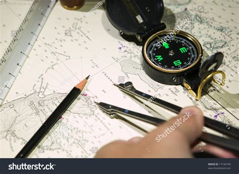 Navigational Tools And Compass On A Nautical Navigation Map Stock Photo ...