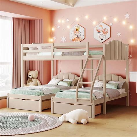 Walmart Full Over Twin & Twin Triple Bunk Bed for 4, Wooden Frame with ...