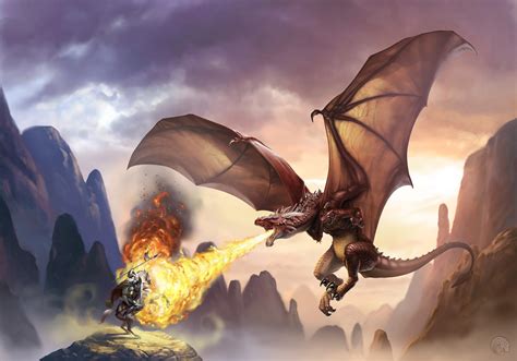 knight, Digital art, Fantasy art, Dragon, Wings, Rock, Fire, Flying ...