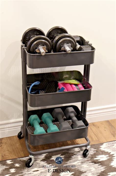 Mini home gym storage ideas for weights, Ikea hack Raskog unit. Kylie M ...