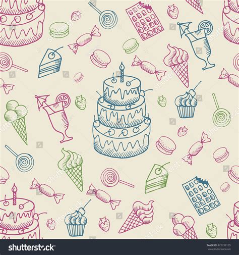 Hand Drawn Doodle Desserts Seamless Pattern. Vector Doodle Sweets ...