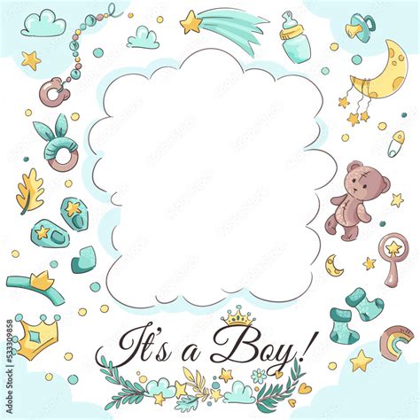 Baby boy shower vector background with blue elements. Frame with set of ...