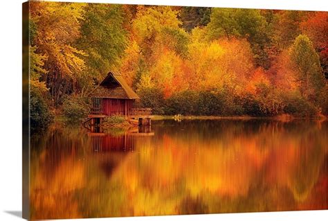 Wooden Cabin On Lake In Autumn | Great Big Canvas