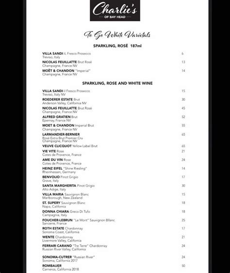 Menu at Charlies of Bay Head pub & bar, Bay Head