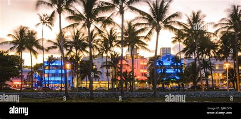 Miami Beach, colorful Art Deco District at night. Miami Beach Ocean ...