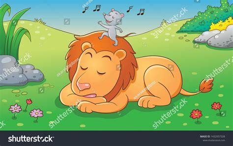 The Lion and the Mouse. Aesop fairy fable tale illustration. Cartoon ...