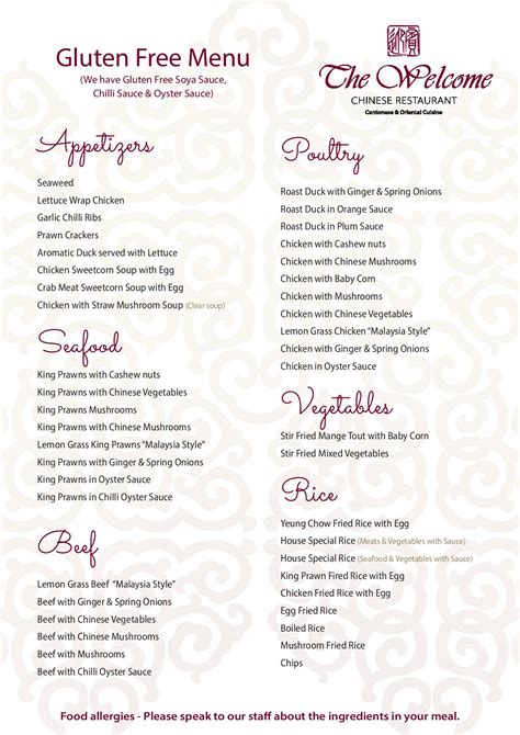 Gluten Free Menu - The Welcome Chinese Restaurant