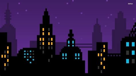 pixel art, Pixels, Purple, Skyline, Cityscape, City, Blue, Yellow ...