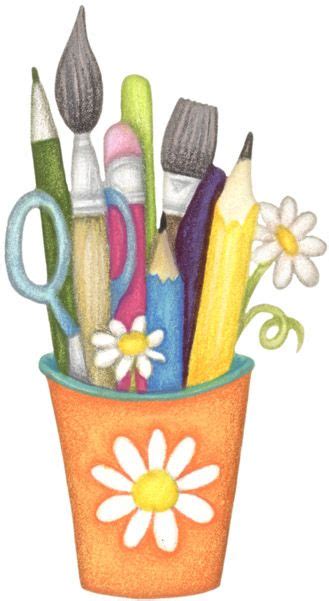 a cup filled with lots of different colored pencils and markers on top ...