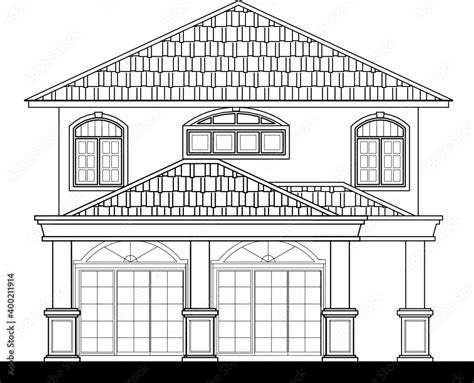 Two-storey terraced house in 2D black and white CAD drawing. Stock ...