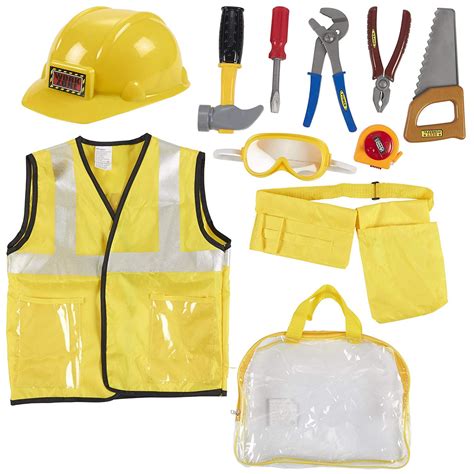 10 Pieces Construction Worker Costume Set with Hat, Tools, Vest for ...