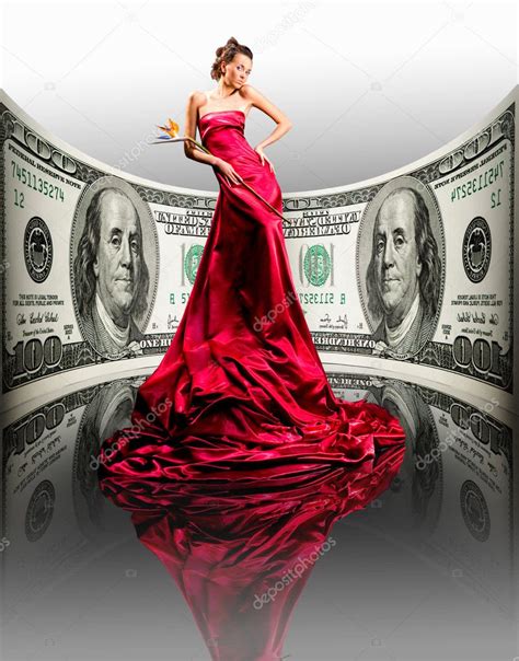 Beautiful girl in red dress, money. 100 american dollars — Stock Photo ...