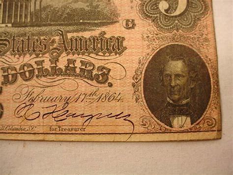 1864 CIVIL WAR CONFEDERATE 5 DOLLAR BILL / NOTE