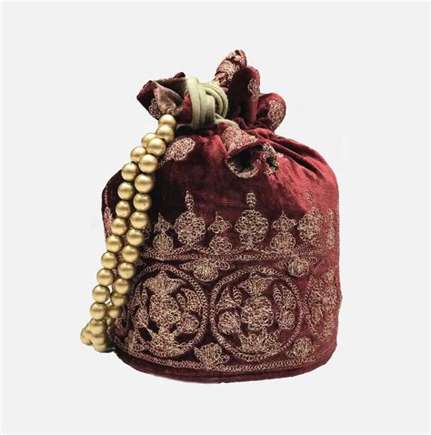 Maroon Gloss Velvet Zari Embroidered Potli Bag | Angad Creations