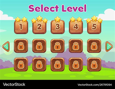 Cartoon level selection game screen wooden gui Vector Image