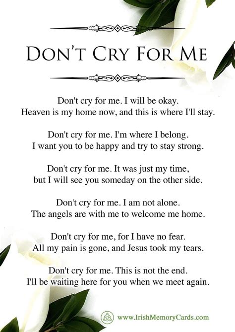 Don't cry for me | Grieving quotes, Funeral quotes, Letter from heaven