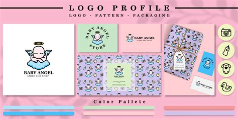 cute angel baby logo for branding with nursery pattern with mockup and ...