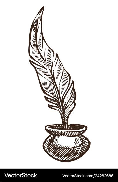 Feather and ink pot isolated sketch ancient Vector Image